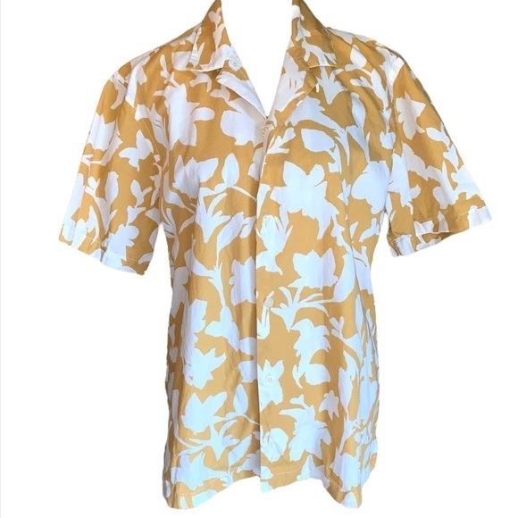 Zara Tropical Vacation Print Button Down Top Size Medium Yellow White - Picture 1 of 7